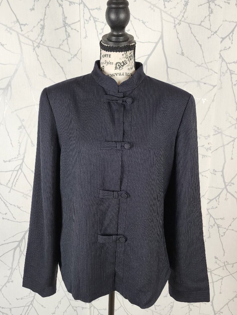 Giorgio Armani VTG Black Pinstripe Wool Mandarin Collar Jacket